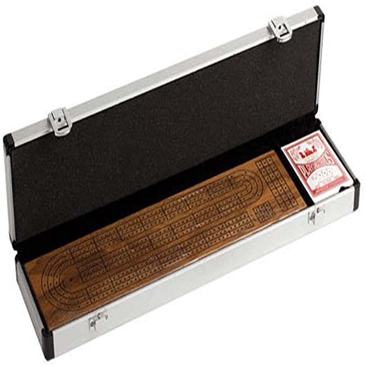 3 Track Walnut Cribbage with A Deck of Cards in Aluminum Case